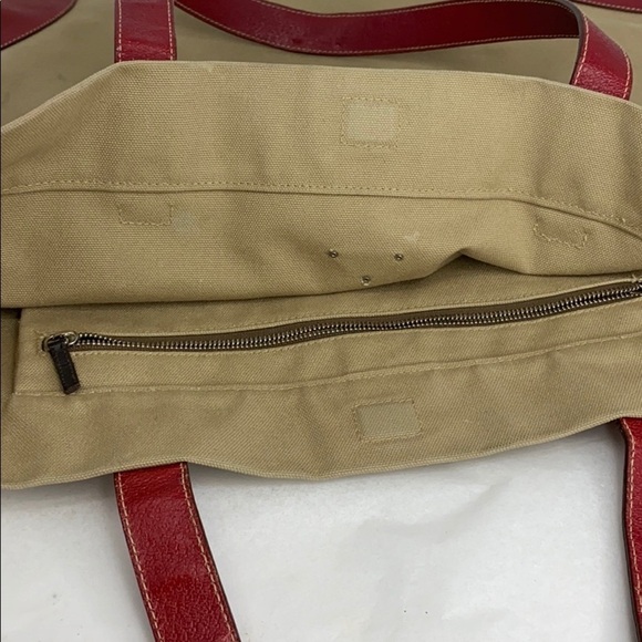 Prada Large Beige Canvas Red Leather Shoulder Tote - Picture 12 of 15